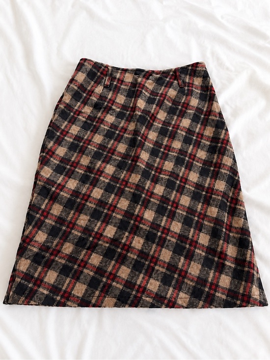 Dresses & Skirts - Plaid Pleated Midi Skirt Brown Red Black L